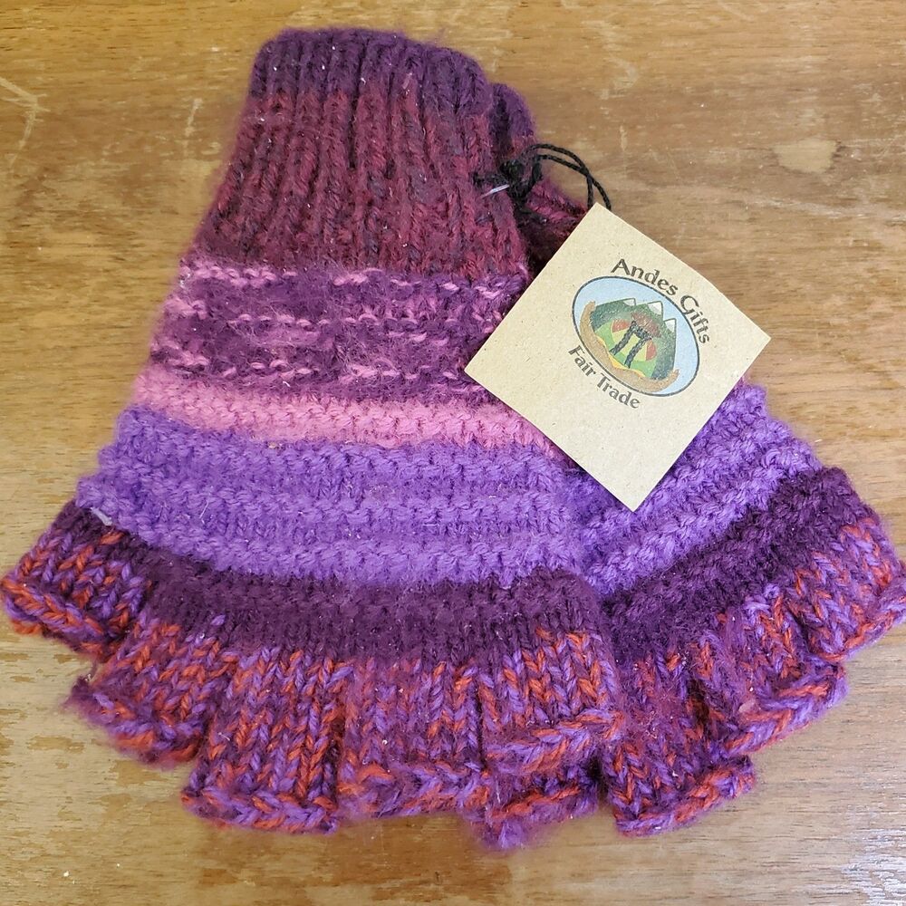 ANDES GIFTS Fingerless Gloves Red Pink Purple Striped Knit Handmade Alpaca Blend